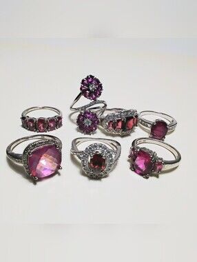 925 Silver 7 Ring Lot Sz 7-1/2 Garnet, Ruby, Red&Pink Stones